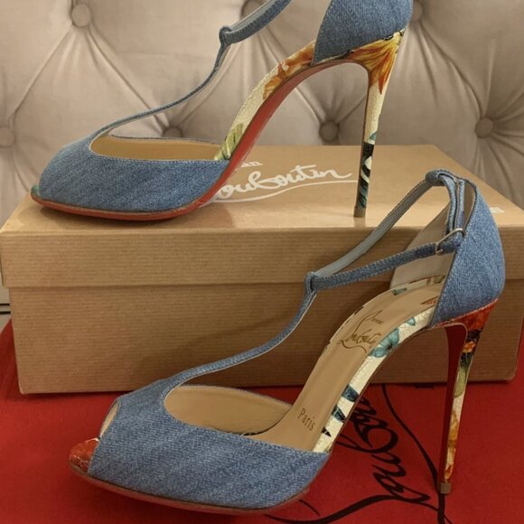 Christian Louboutin Women Senora 4" Denim Hawaii Peep Toe Pumps Sz 36.5 Blue NIB - Picture 7 of 15